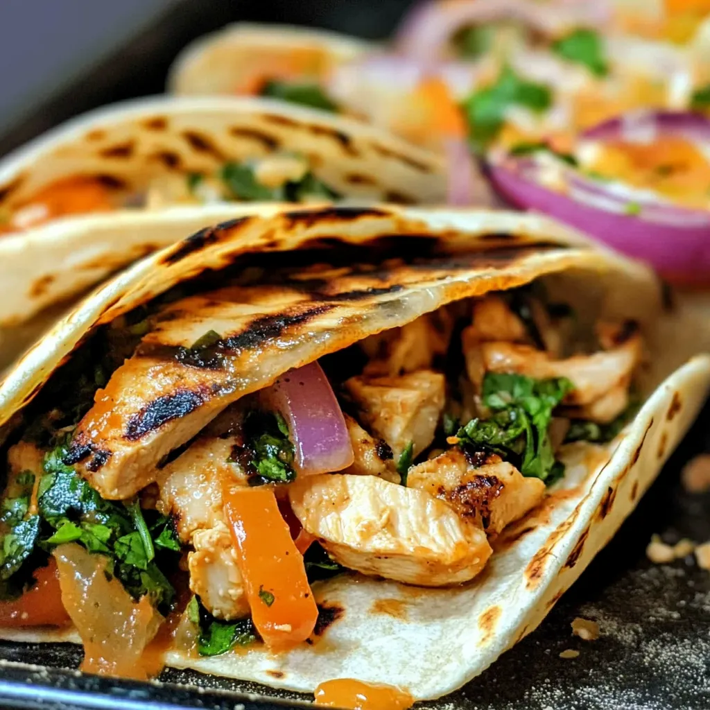 A grilled chicken fajita with onions and peppers.