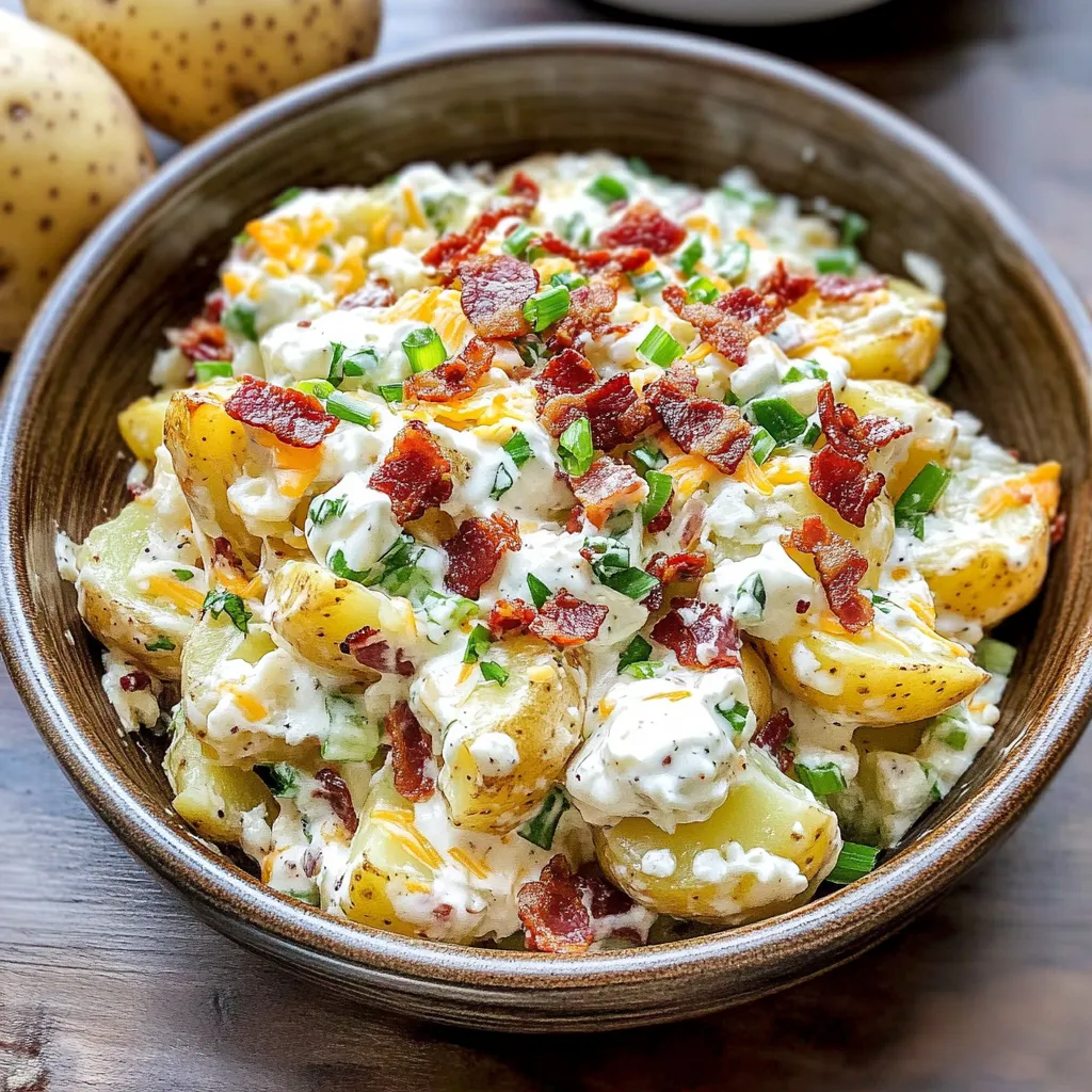 A bowl of loaded baked potato salad.