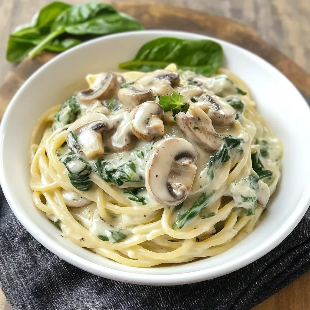 A bowl of creamy mushroom spinach pasta.