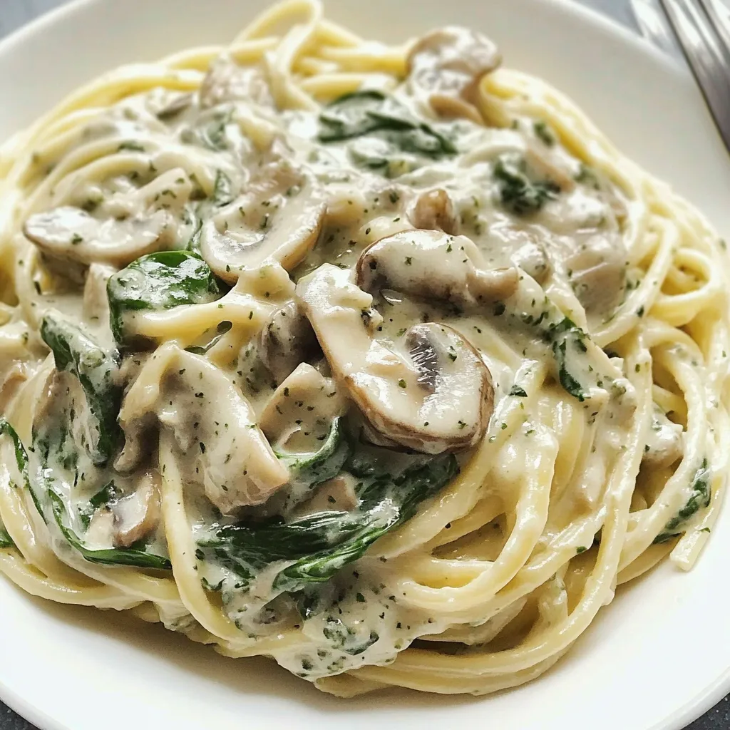 A plate of creamy mushroom spinach pasta.