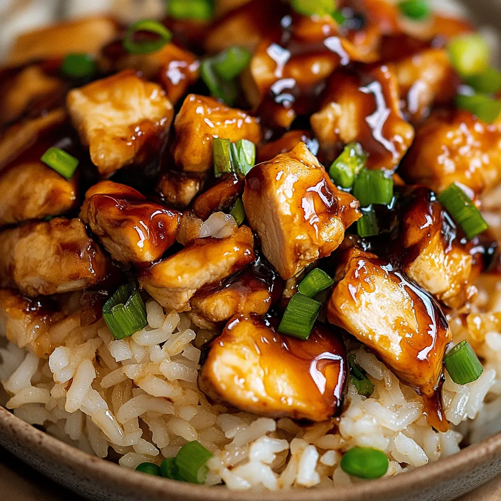 A bowl of rice with chicken and sauce.