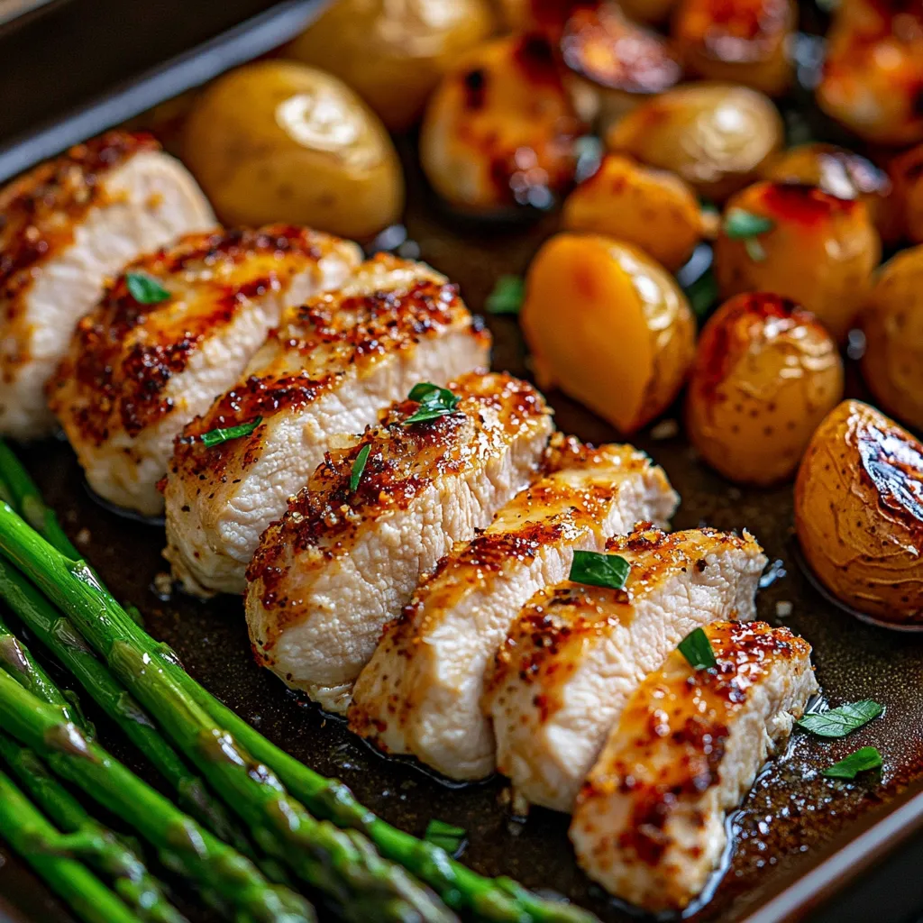 A pan of chicken with potatoes and asparagus.