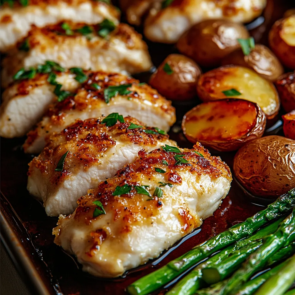 A pan of chicken with potatoes and asparagus.