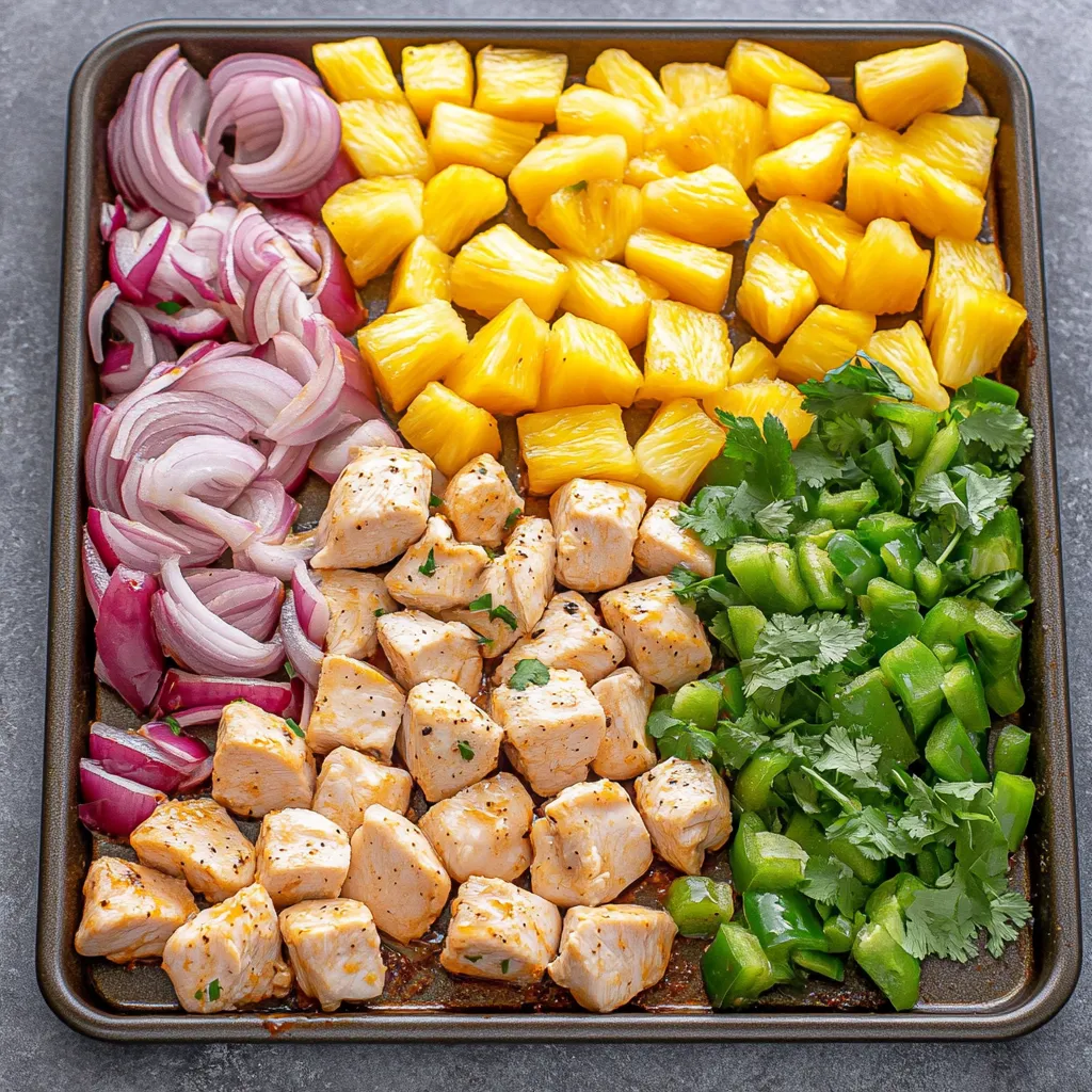 A pan of chicken and vegetables with pineapple.