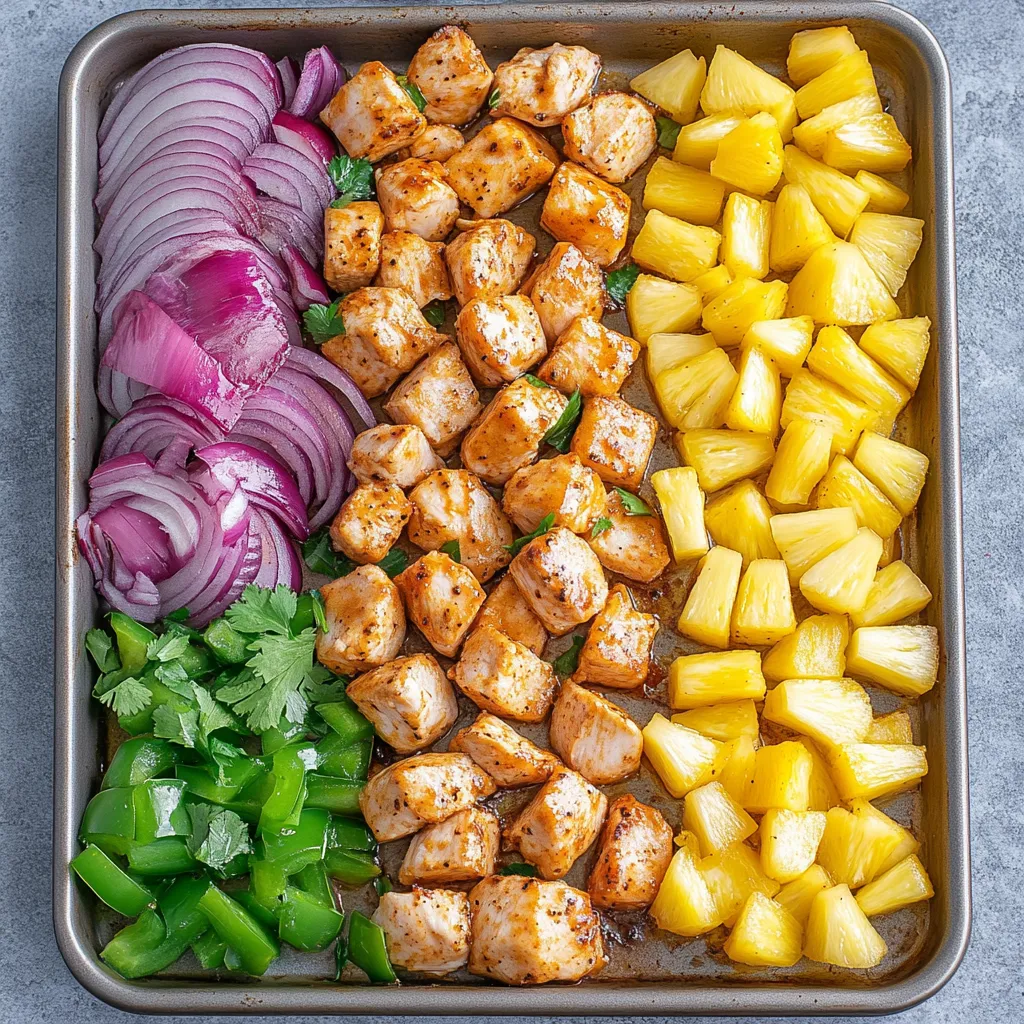 A pan of chicken and pineapple.