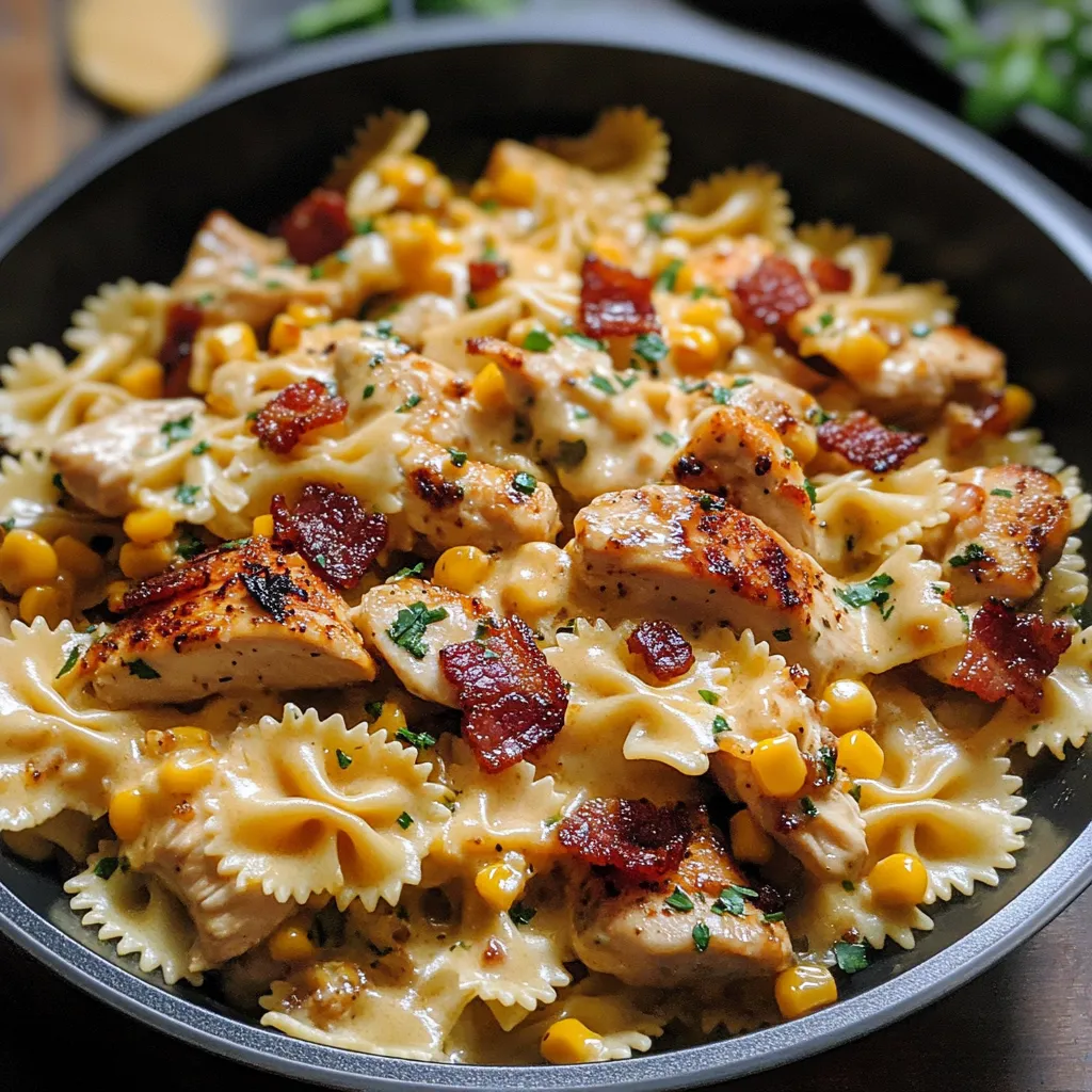 A bowl of creamy chicken and corn pasta with bacon.