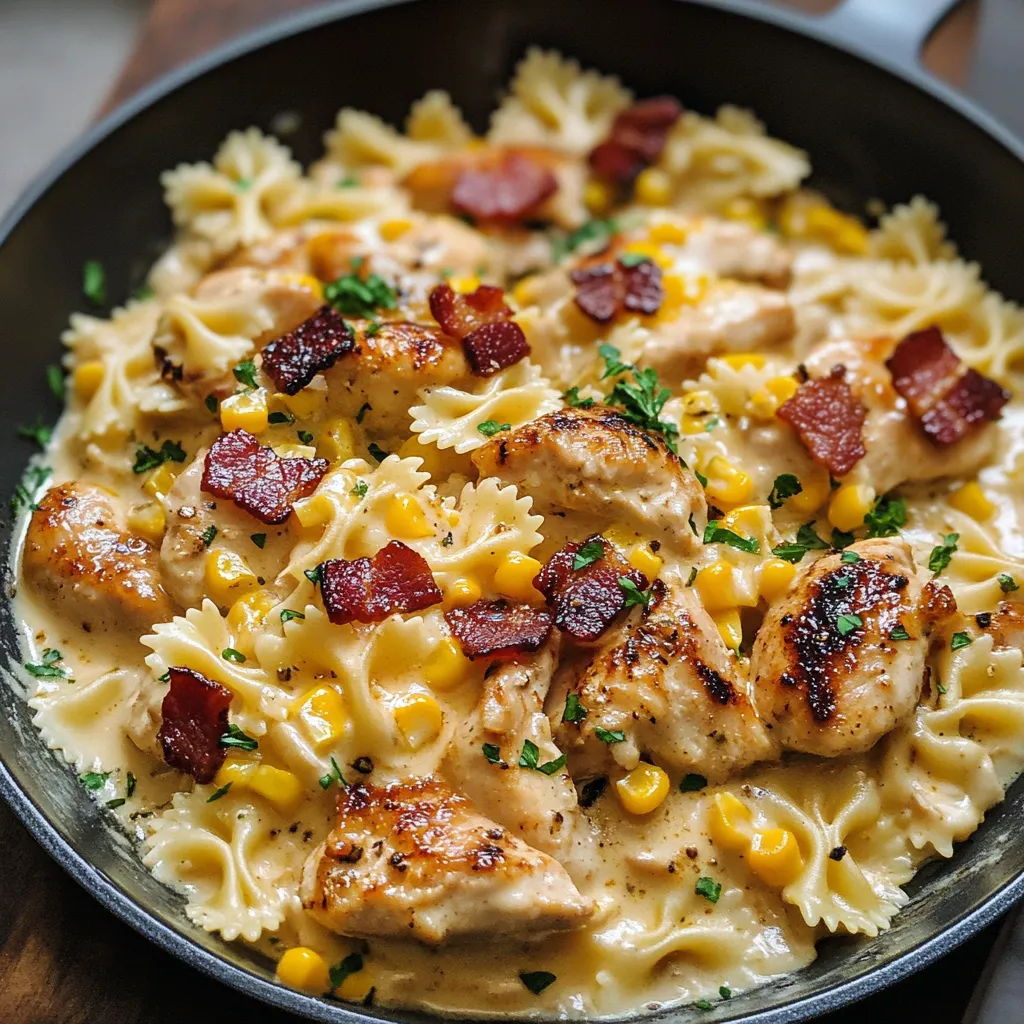 A delicious creamy chicken and corn pasta dish with bacon.