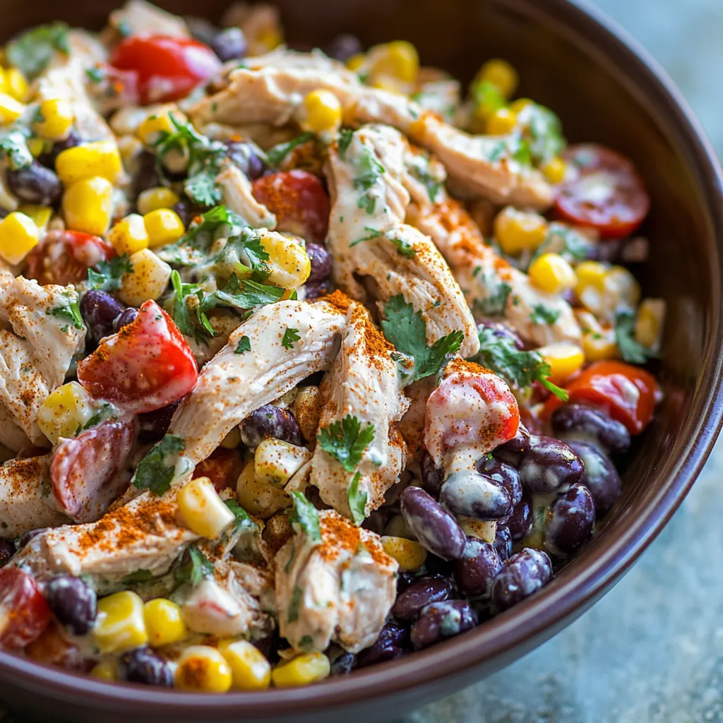 A bowl of chicken salad with tomatoes, corn, and beans.
