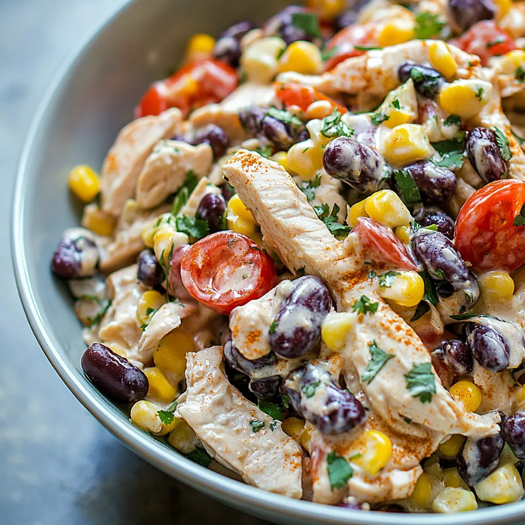 A bowl of chicken salad with tomatoes, corn, and beans.