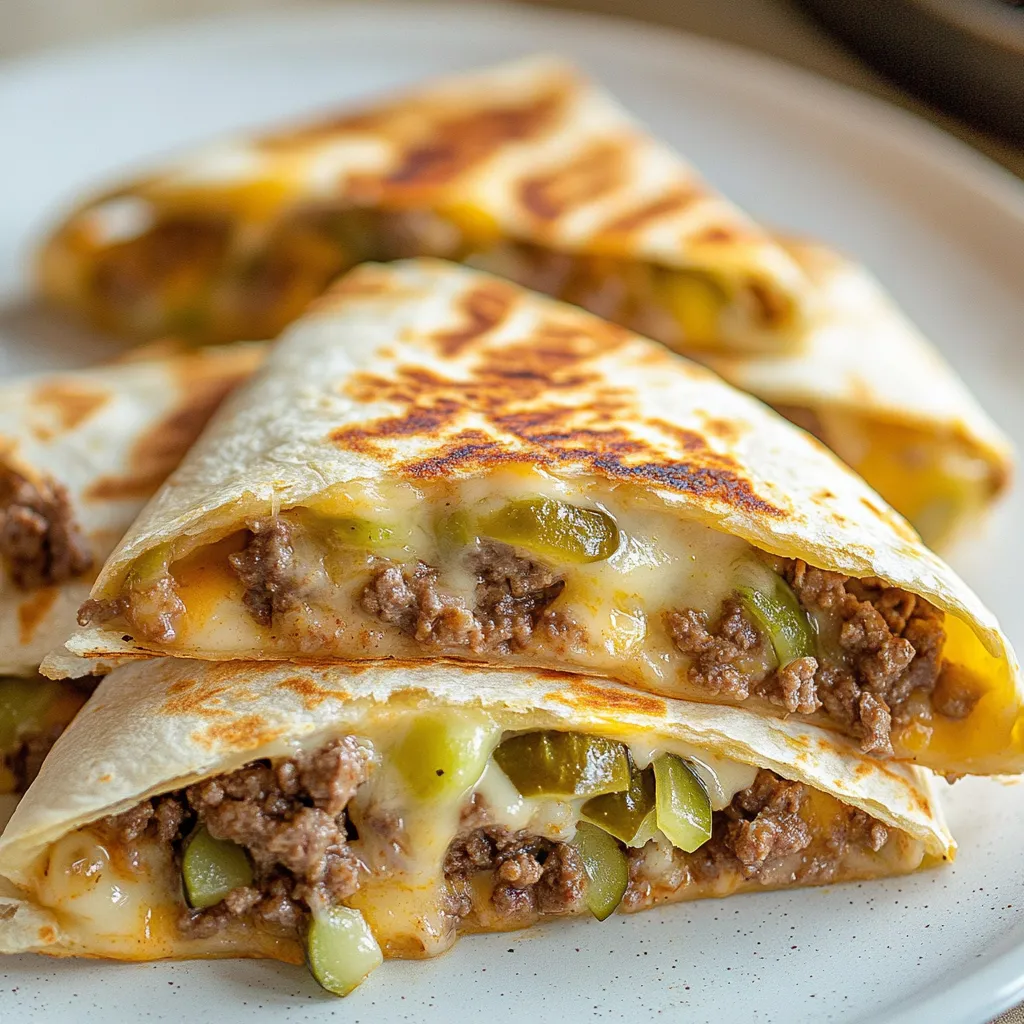 A cheeseburger quesadilla on a plate.