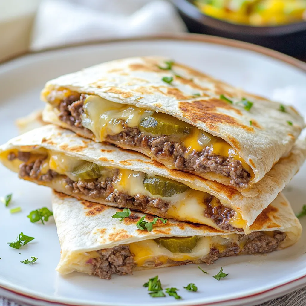 A cheeseburger quesadilla on a plate.
