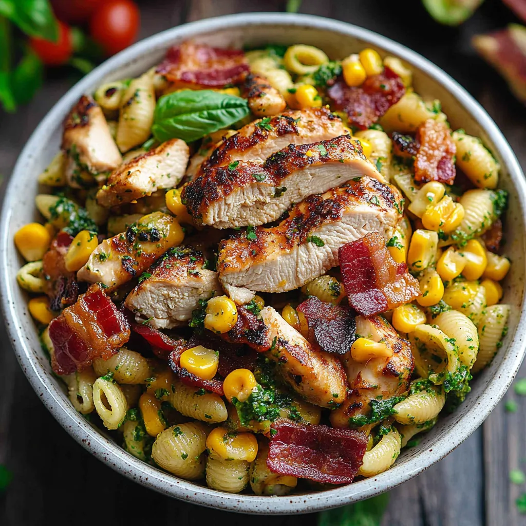 A bowl of chicken and corn pasta salad with bacon.
