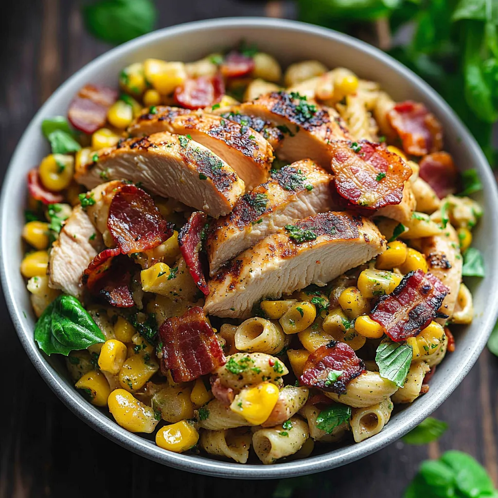 A bowl of chicken and corn pasta salad with bacon.
