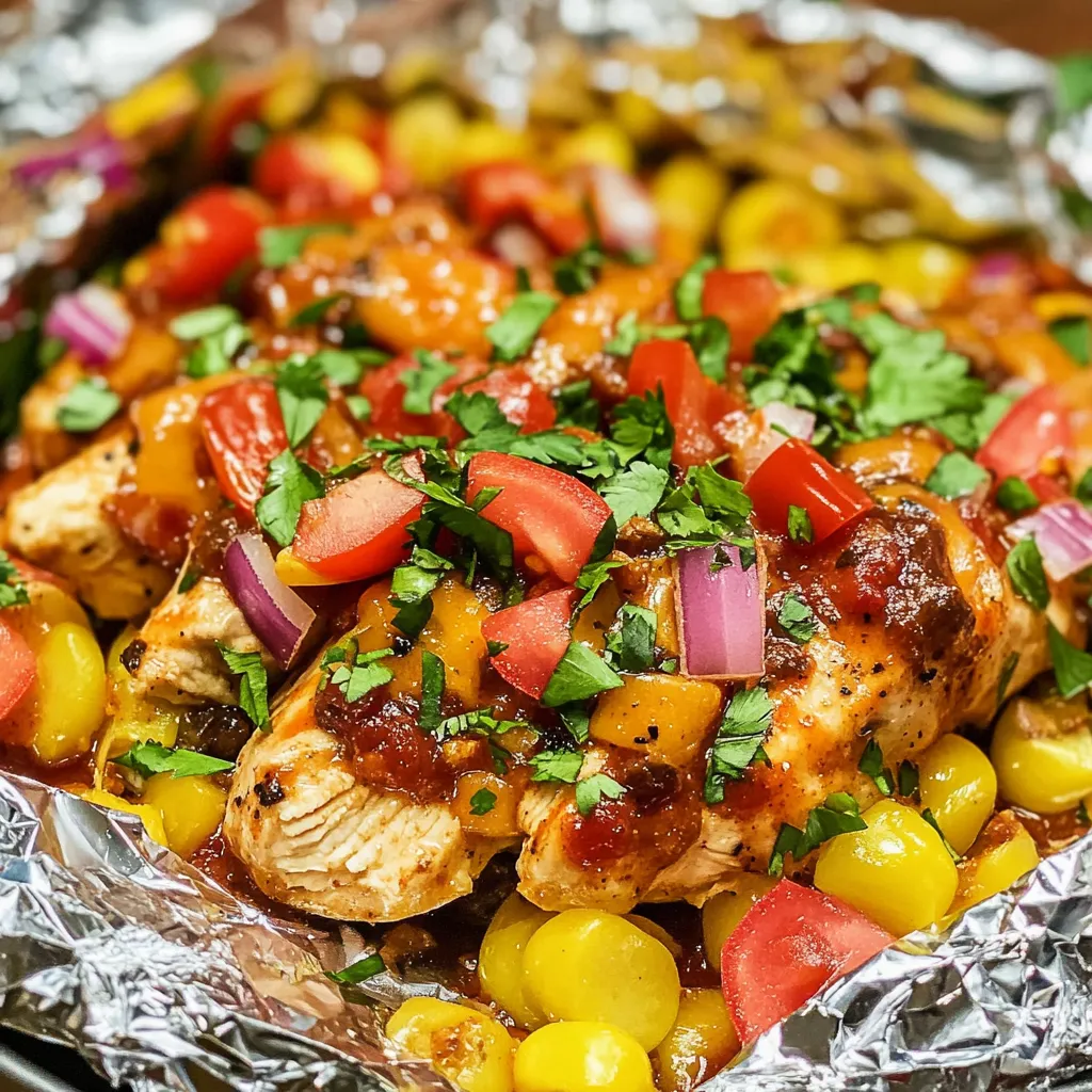 A foil packet of chicken with tomatoes, onions, and peppers.