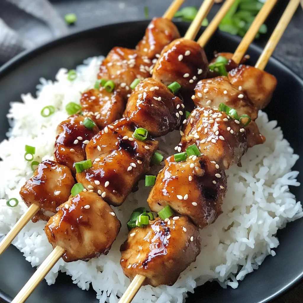A plate of teriyaki chicken skewers.