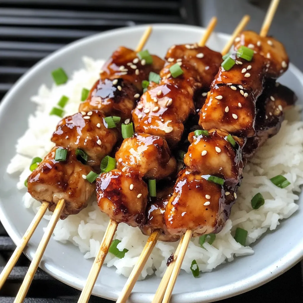 A plate of teriyaki chicken skewers.