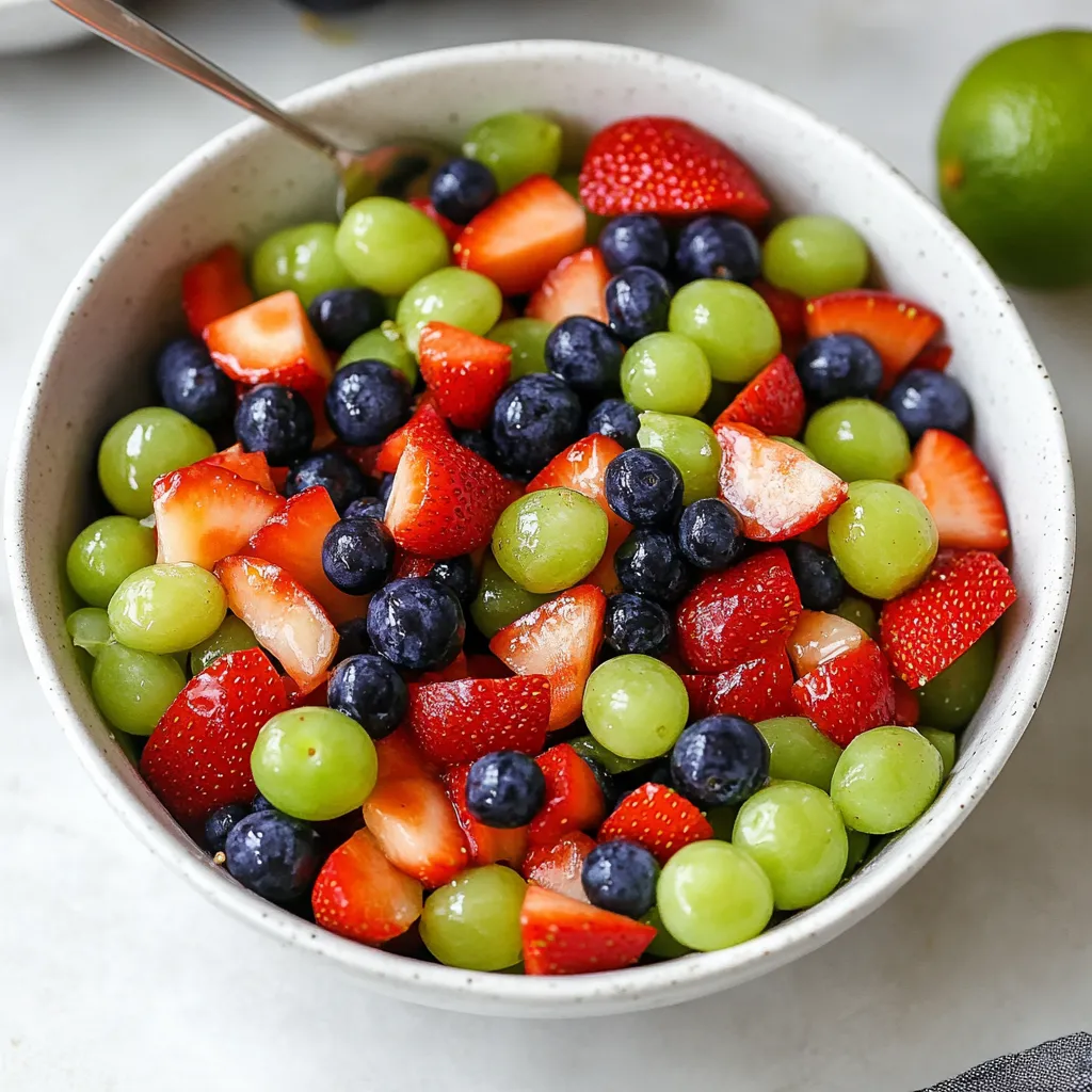 A bowl of fruit salad with strawberries, blueberries, grapes, and limes.
