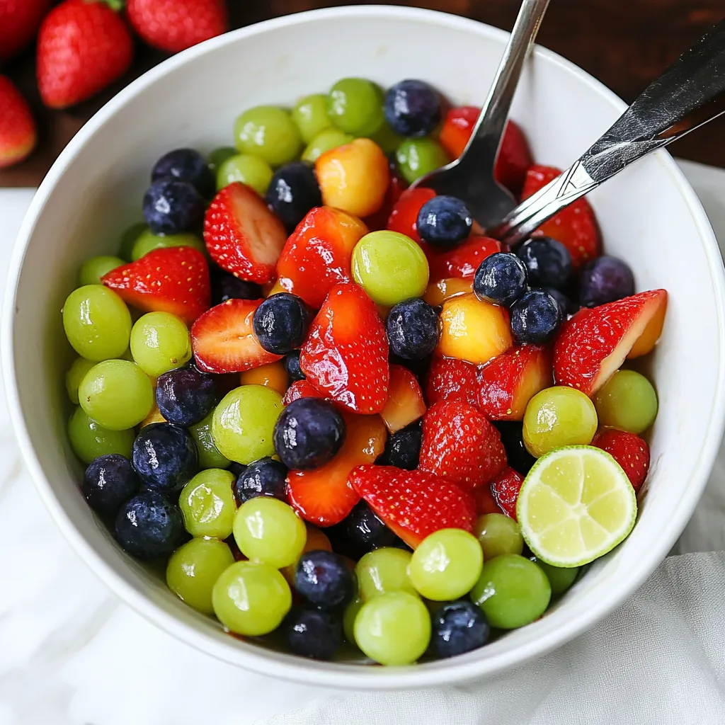 A bowl of fruit salad with strawberries, grapes, limes, and blueberries.