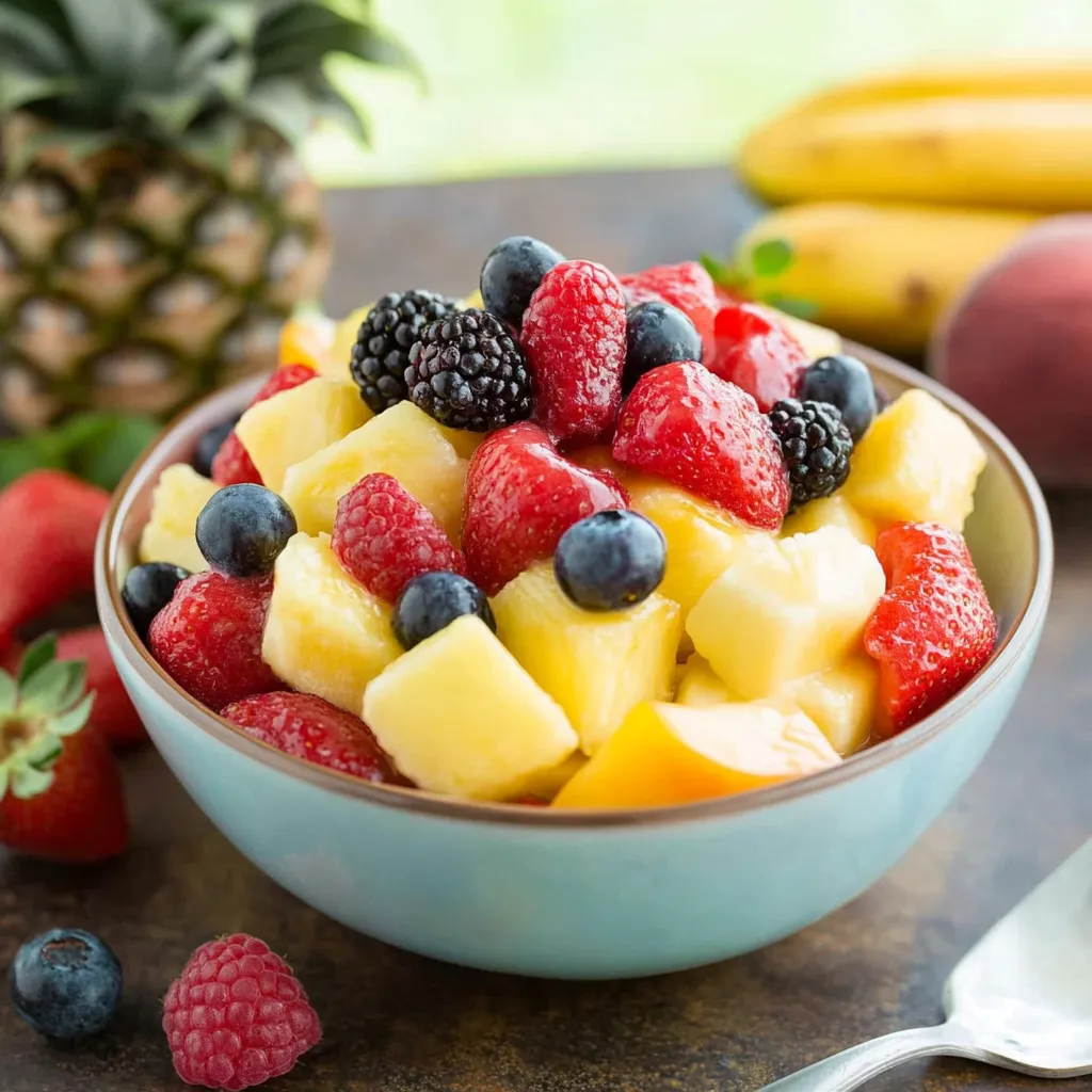 A bowl of fruit salad with blueberries, strawberries, bananas, and pineapple.