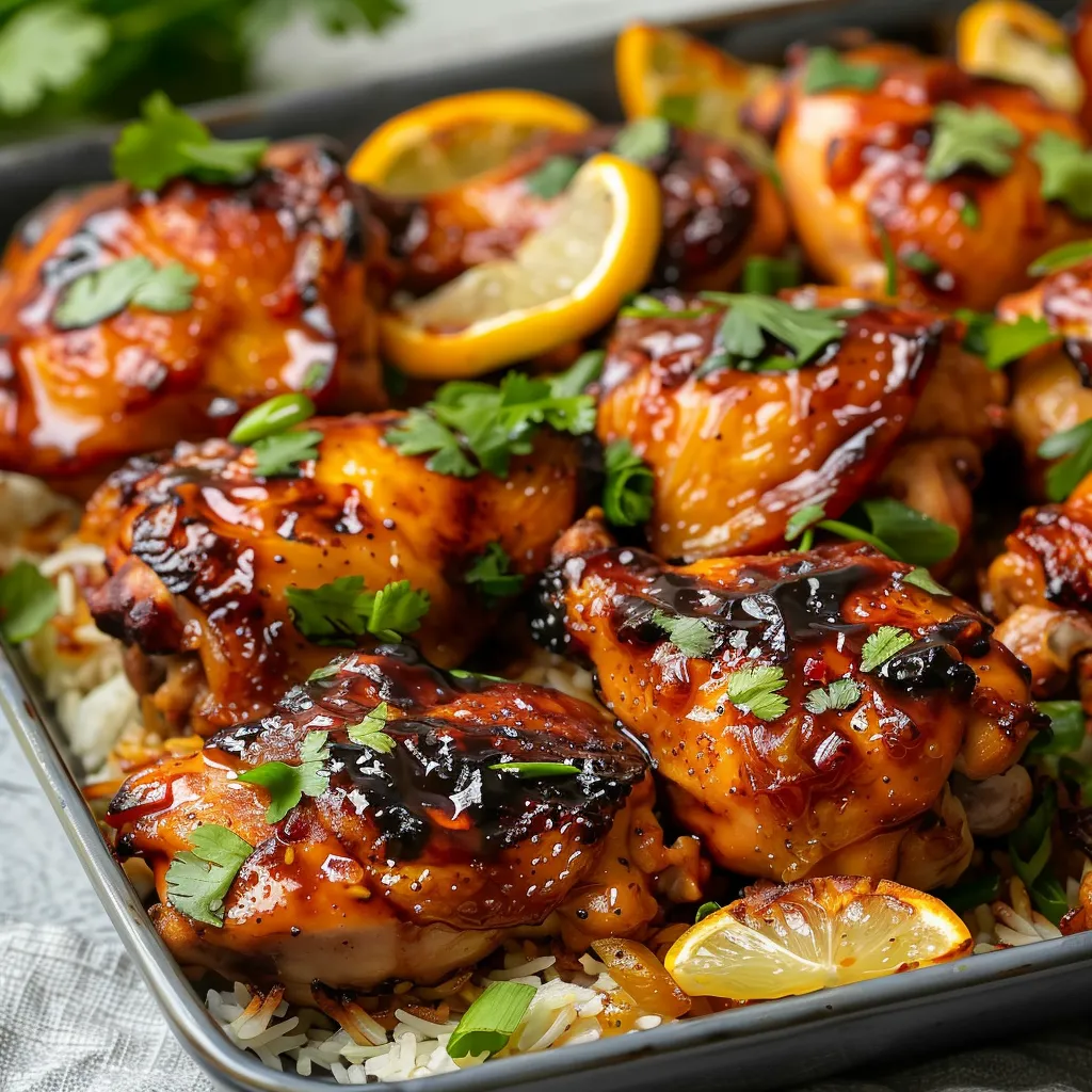 A pan of Huli Huli Chicken with rice and lemon wedges.
