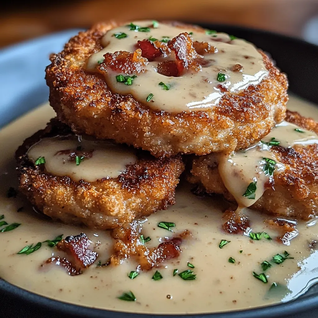 Golden pork chops with creamy bacon sauce