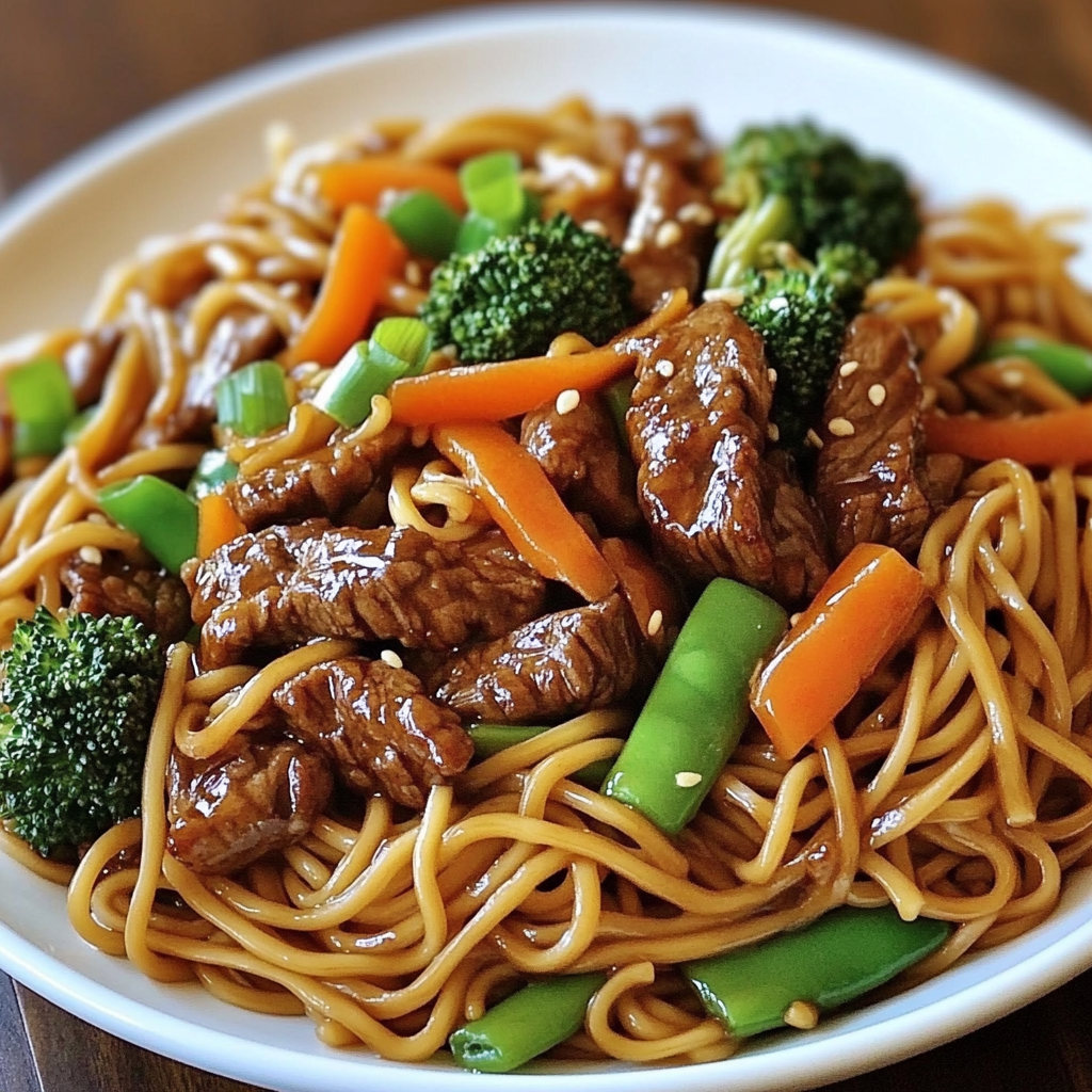 Savory Beef Noodles with Vegetables in a Bowl