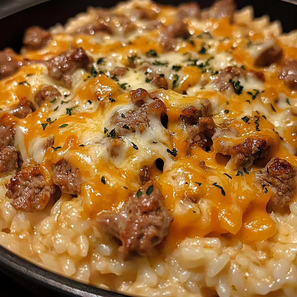 Skillet of Garlic Butter Beef and Cheddar Parmesan Rice