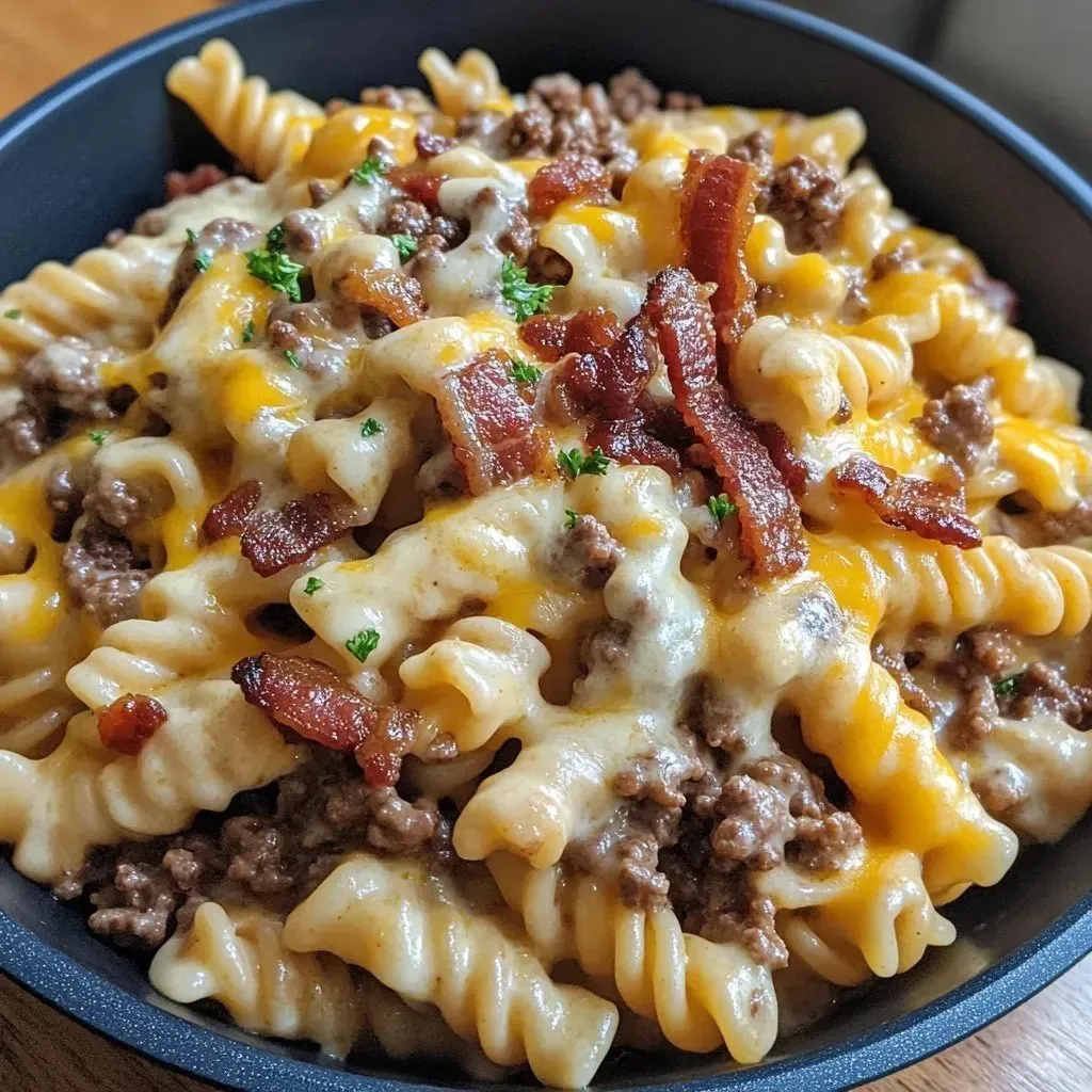A bowl of pasta with bacon and cheese.