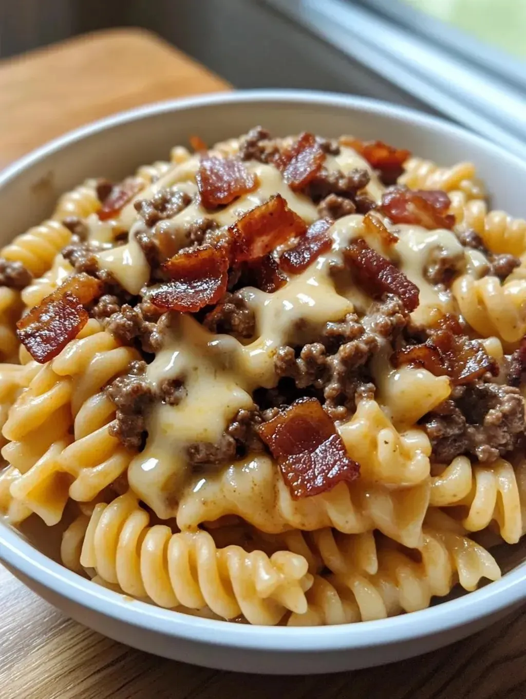 A bowl of pasta with bacon and cheese.