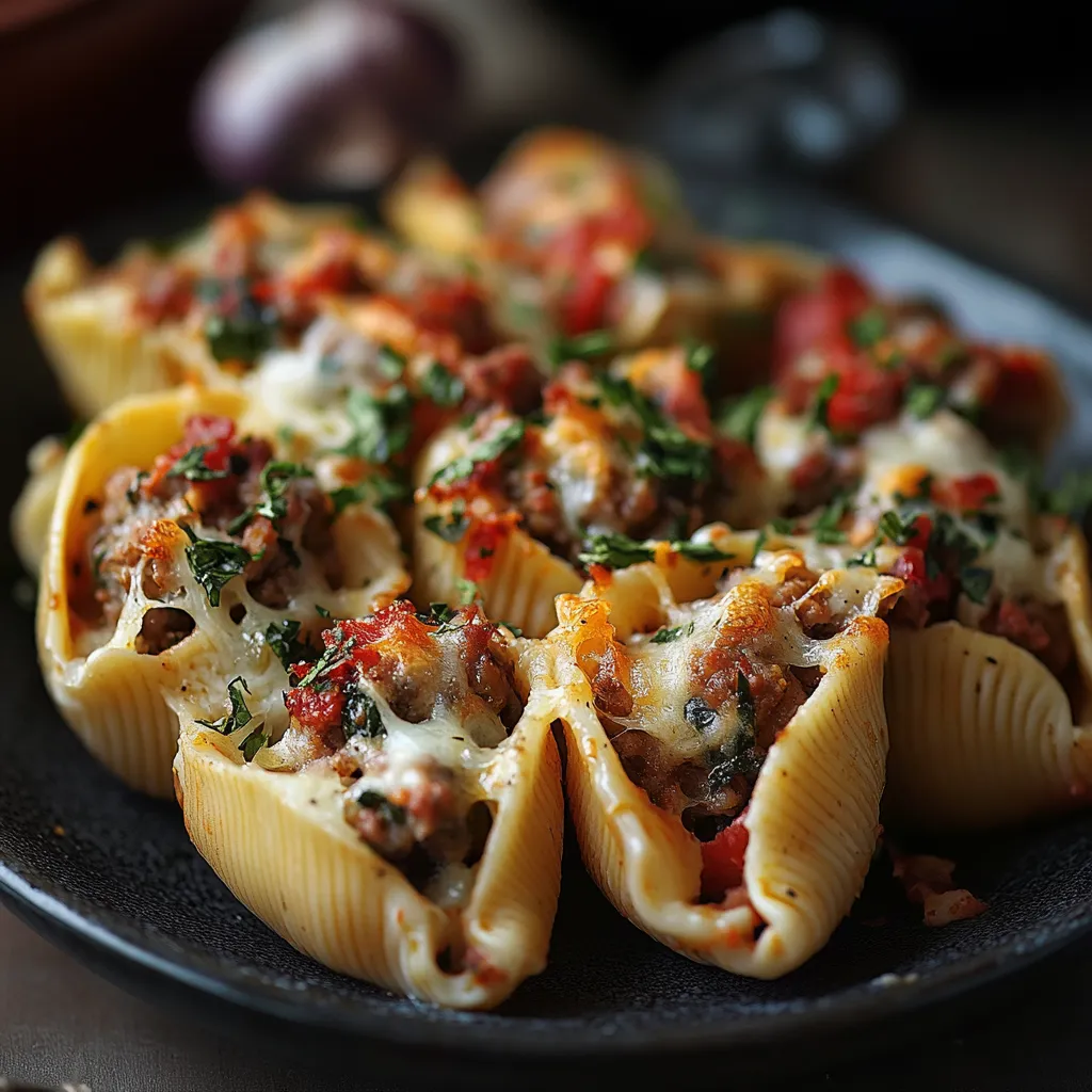 Stuffed pasta shells with sausage filling and gooey cheese.