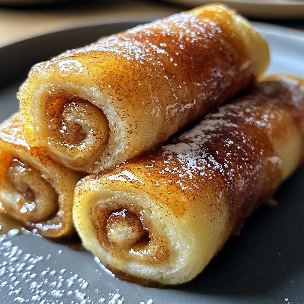 A plate of cinnamon roll french toast roll-ups.