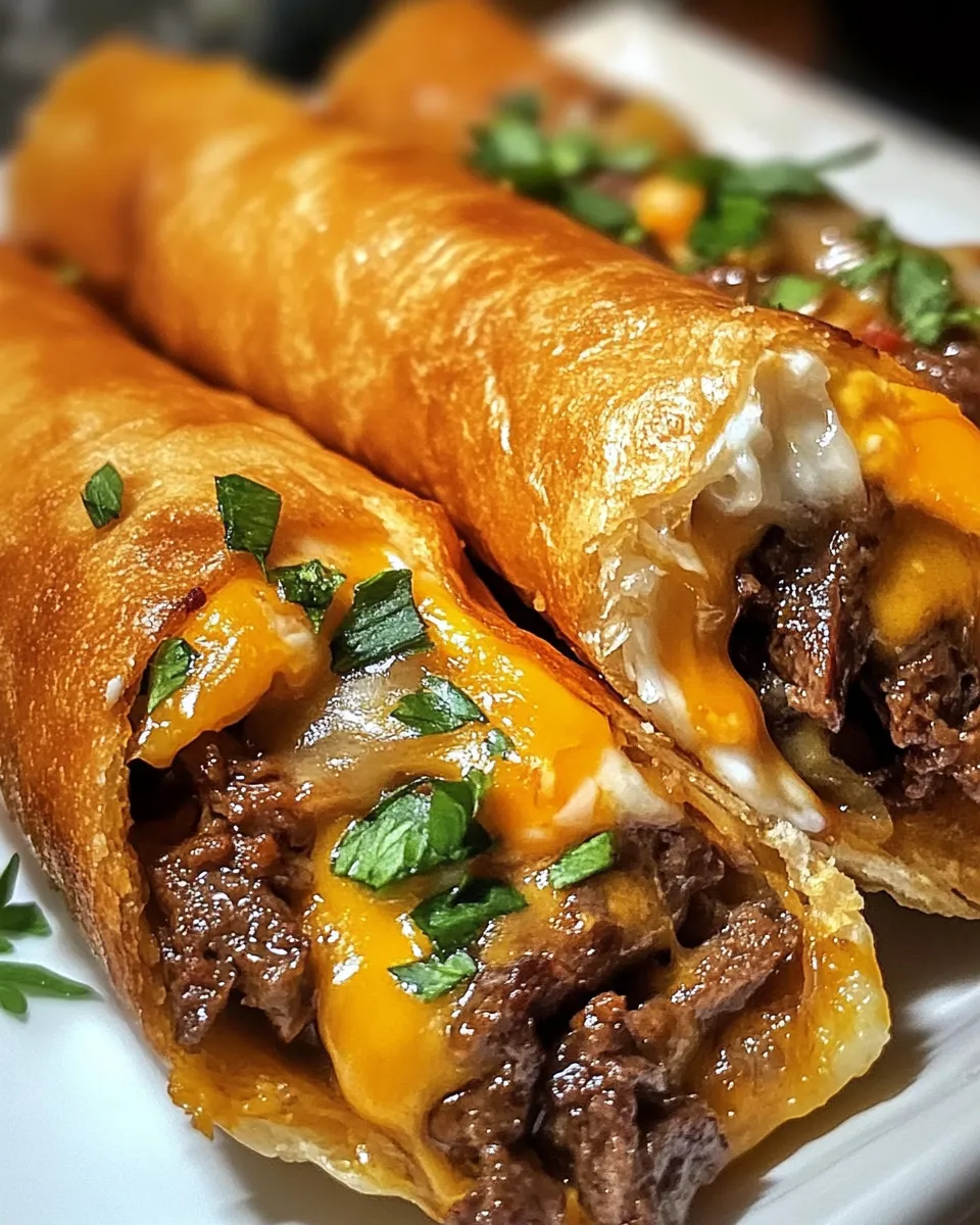 A close up of a Philly cheesesteak egg roll.