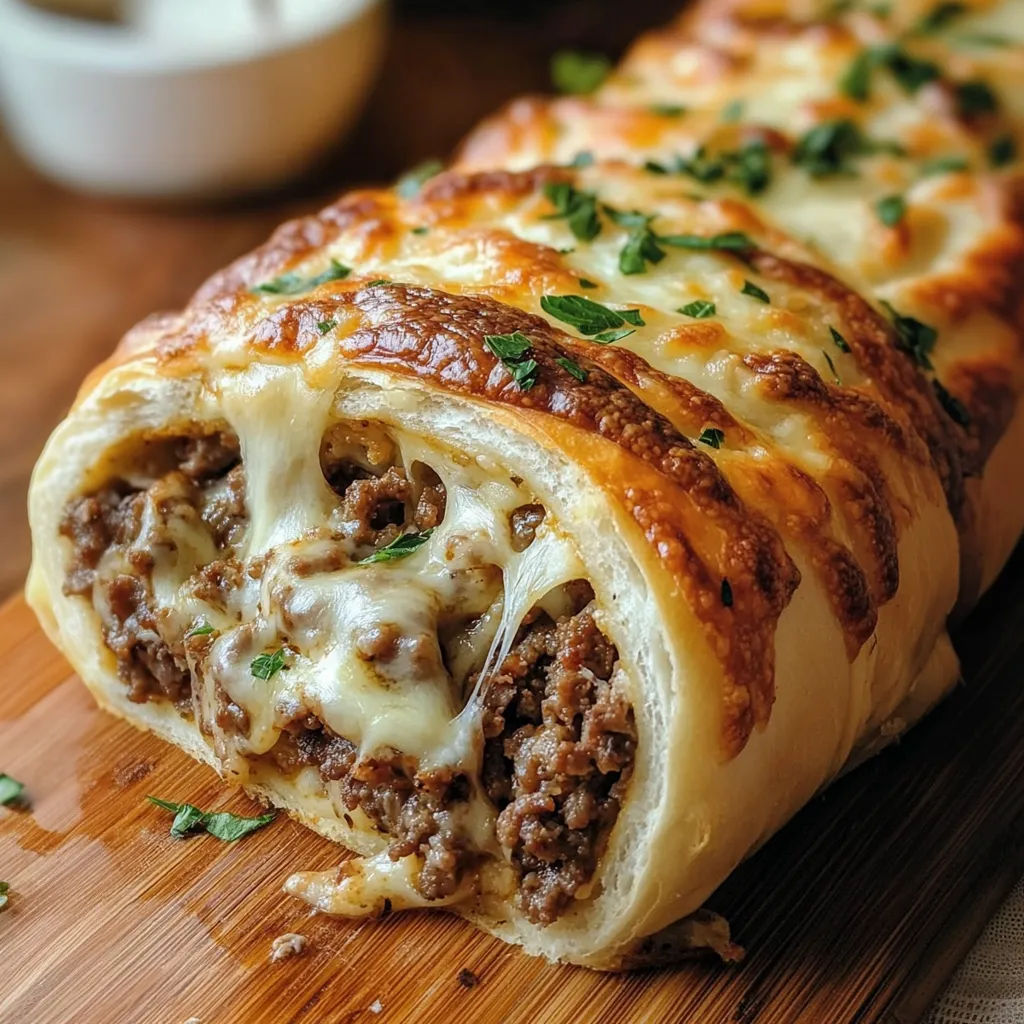 A cheese steak stromboli on a wooden cutting board.