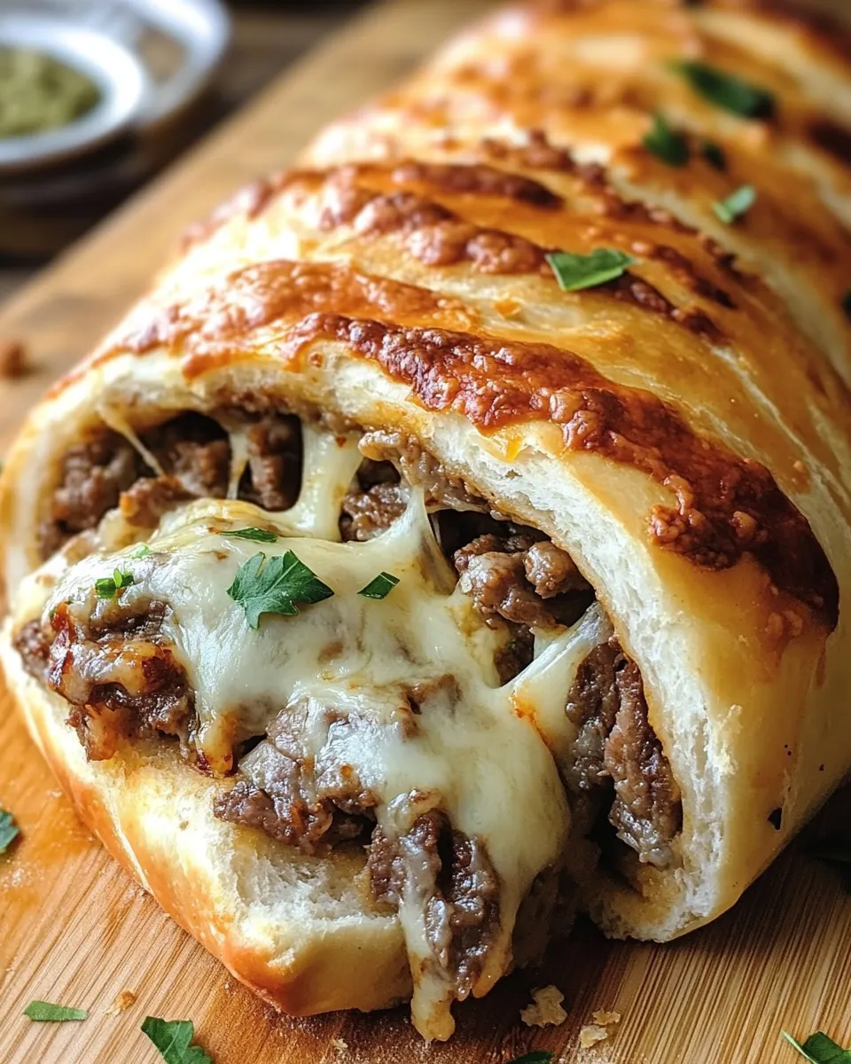 A close up of a Philly Cheese Steak Stromboli.