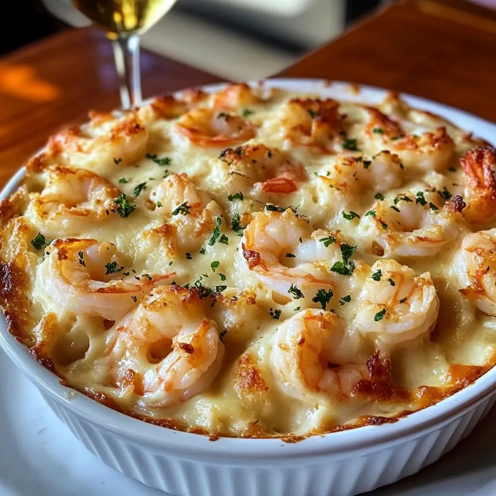 A dish of Shrimp & Crab Alfredo Bake.