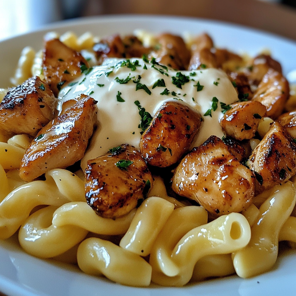 A plate of food with chicken and pasta.