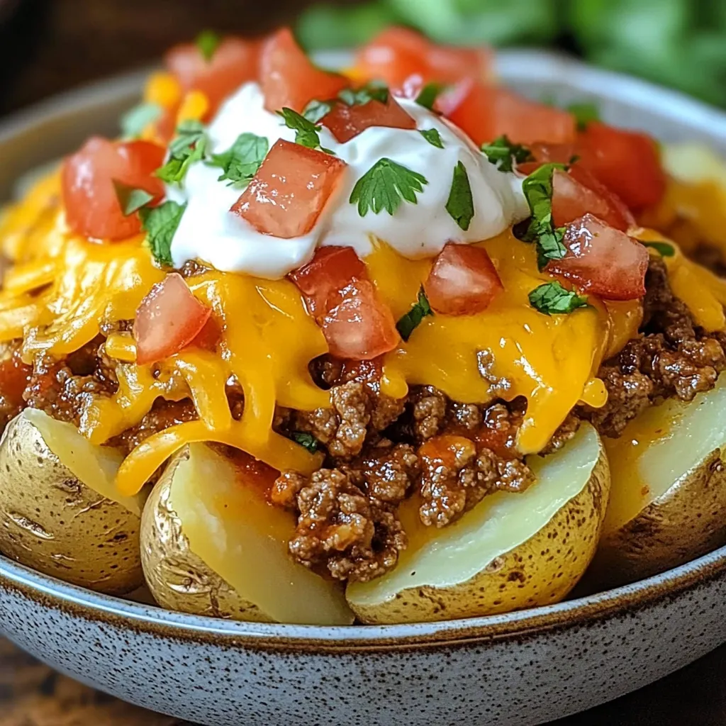A plate of loaded baked potatoes with cheese and tomatoes.