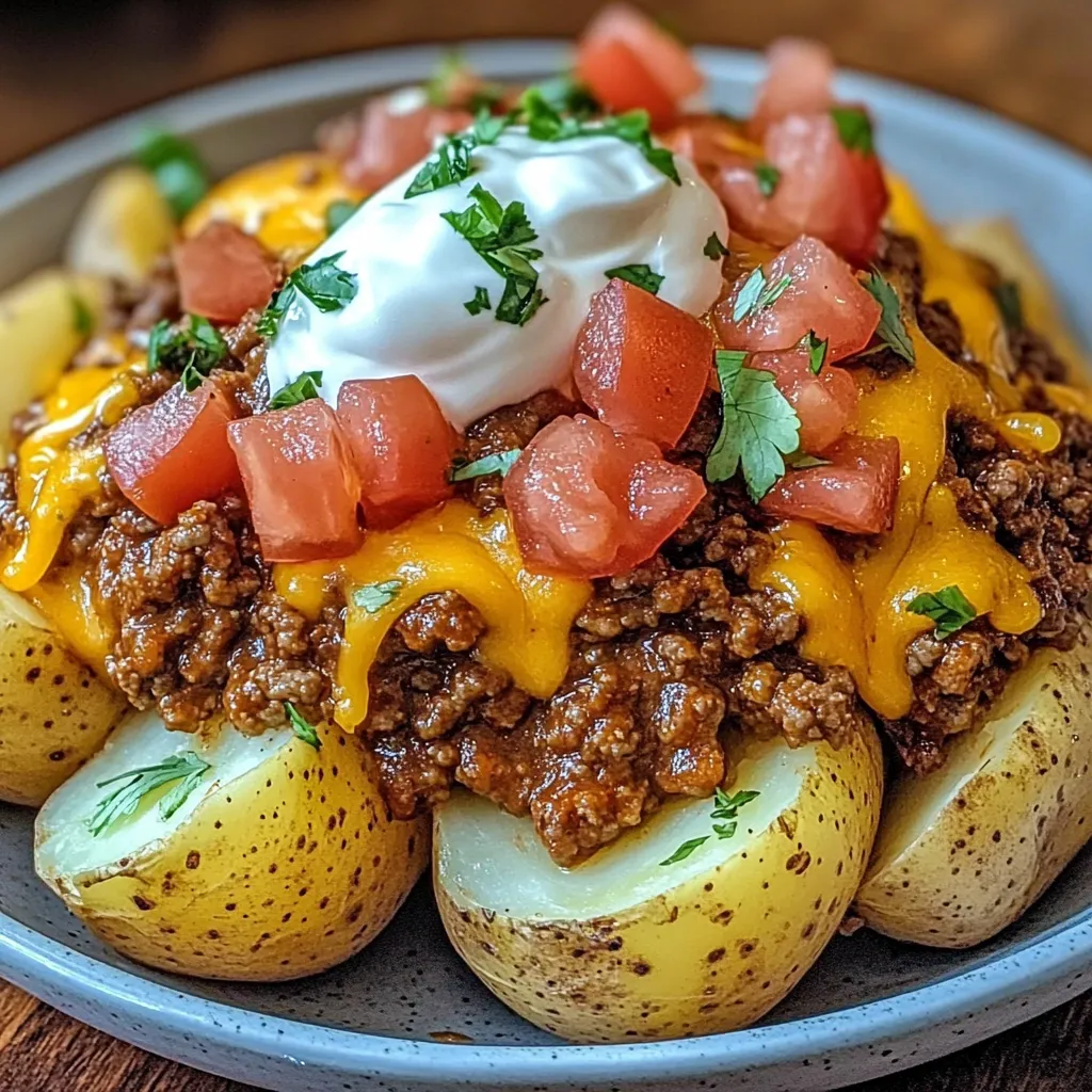 A plate of loaded baked potatoes with cheese and tomatoes.