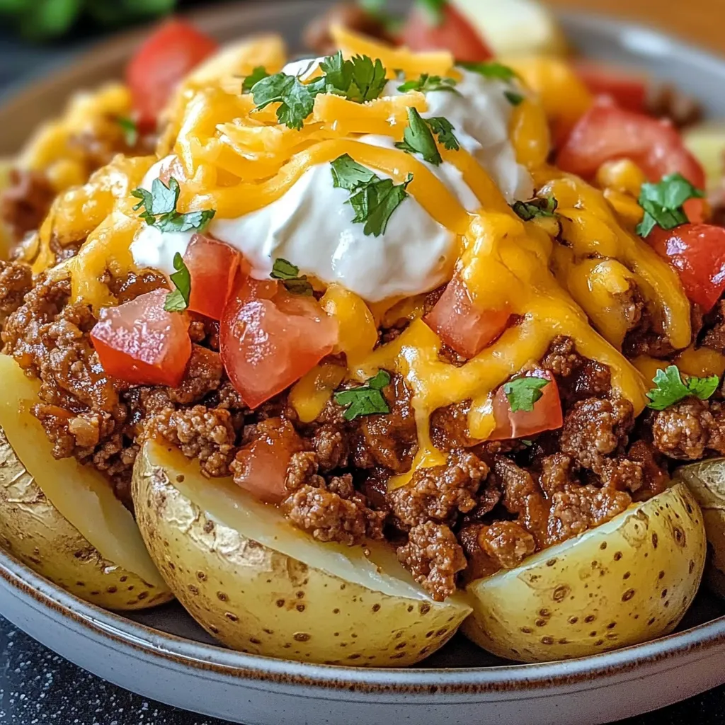 A plate of loaded baked potatoes with cheese and tomatoes.
