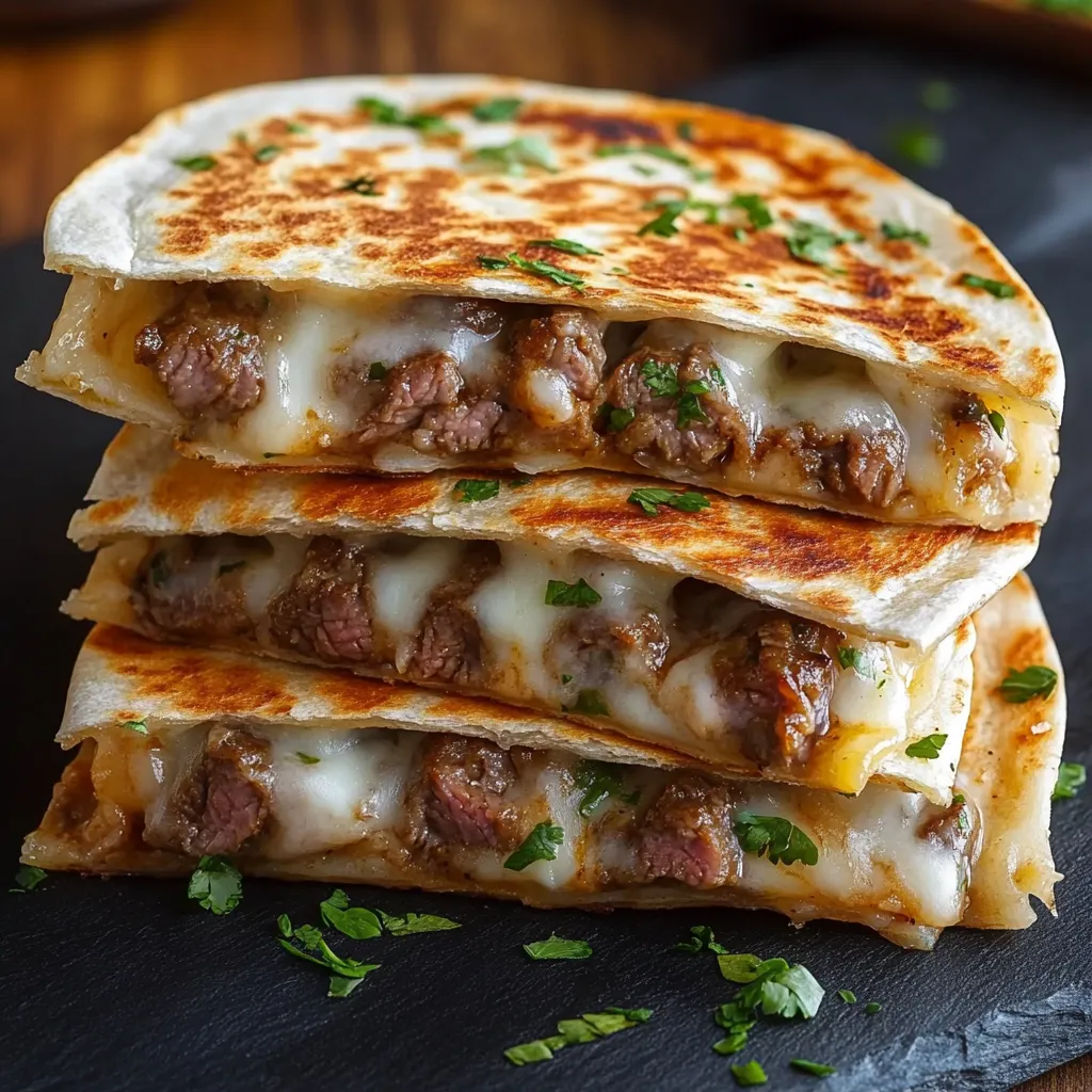 A stack of steak cheese quesadillas on a blackstone.
