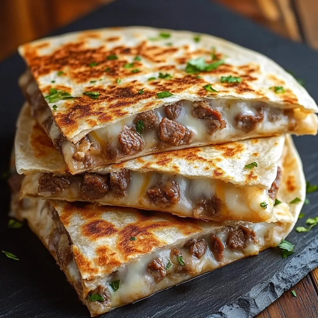 A stack of steak cheese quesadillas on a black stone.