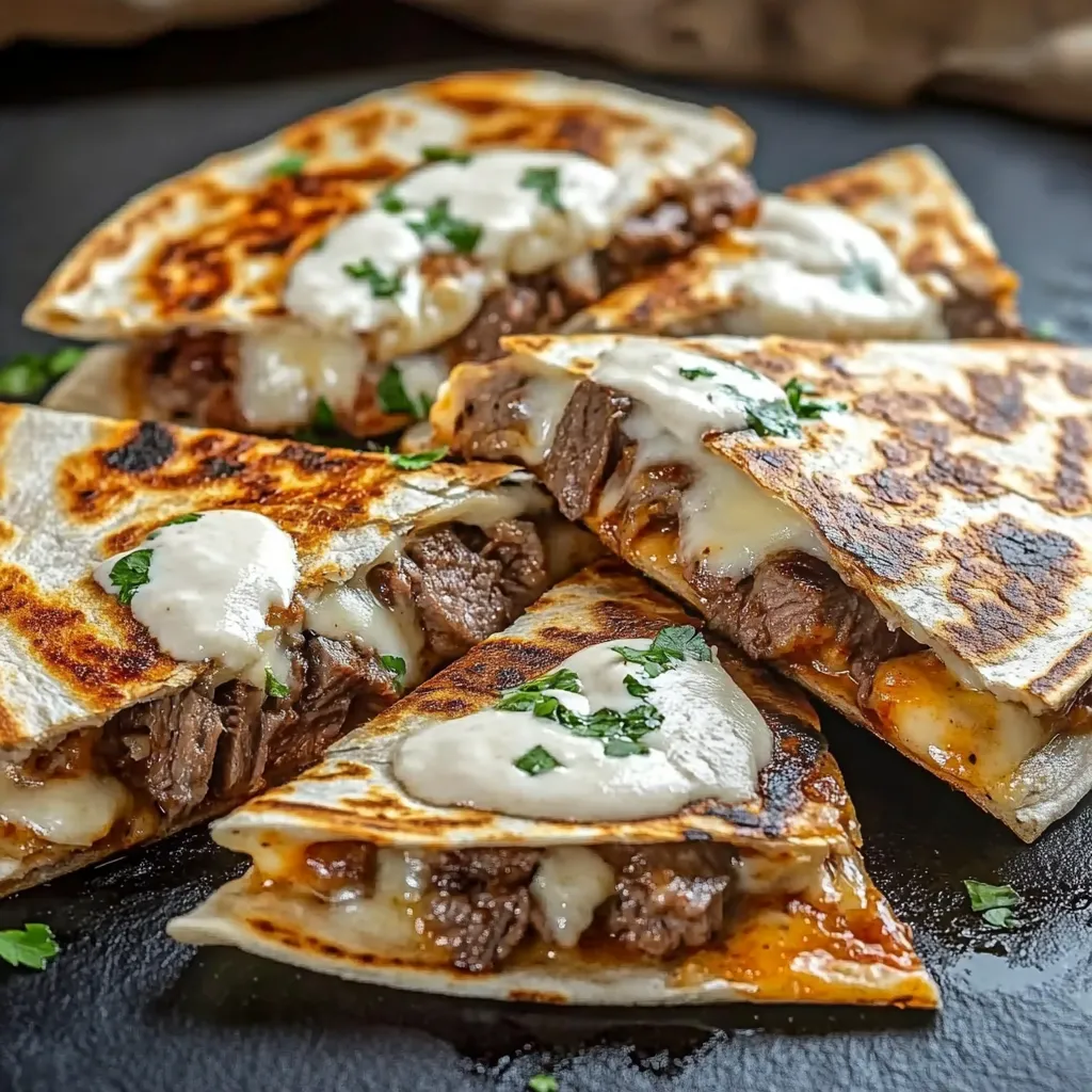 A close up of a quesadilla with cheese and meat on a black surface.