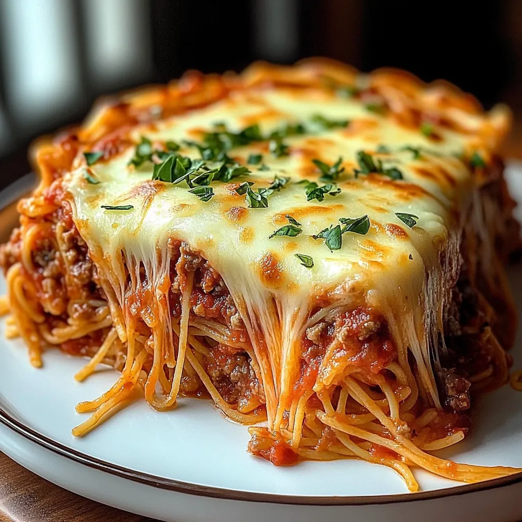 A plate piled with cheesy spaghetti and hearty meat sauce.