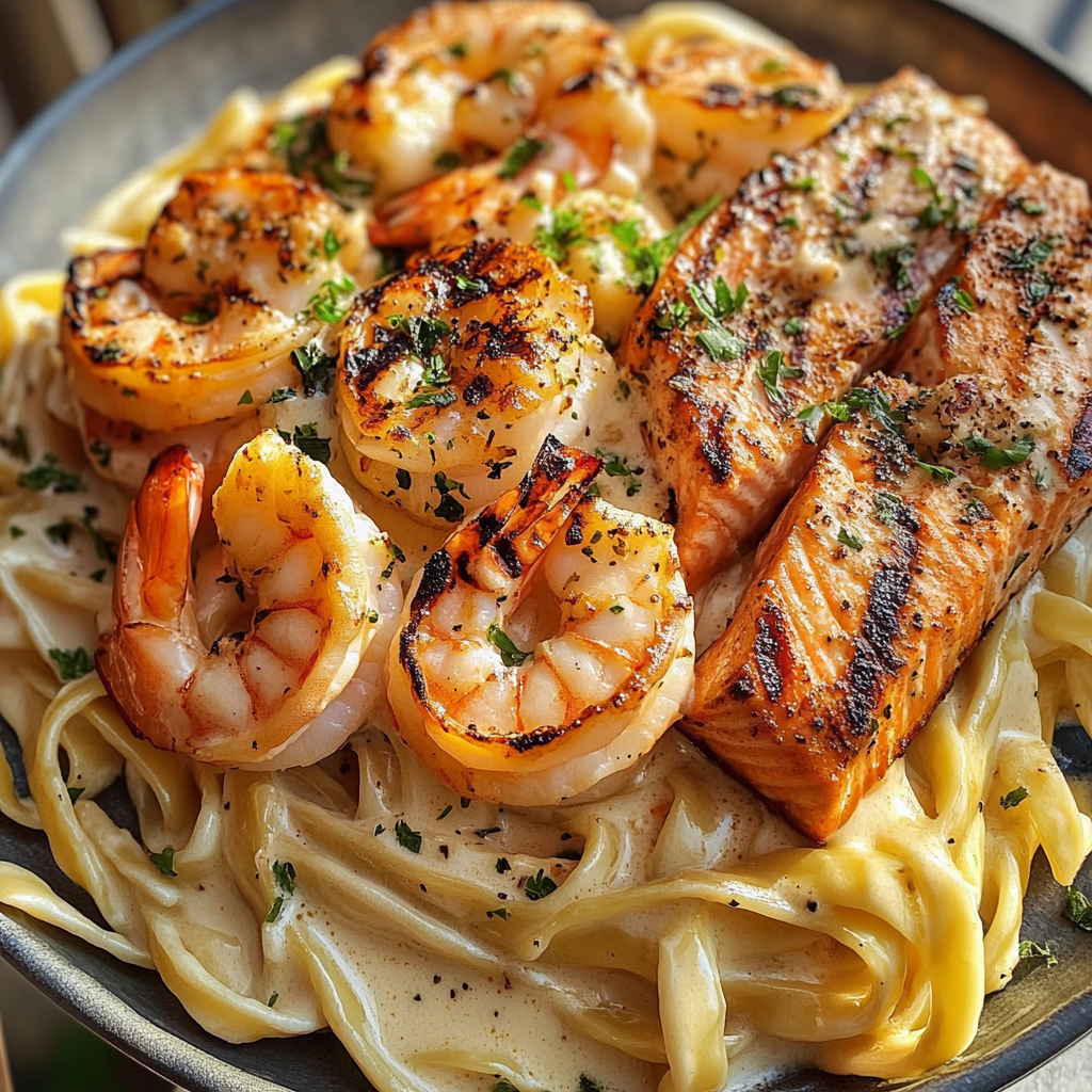Fettuccine with Grilled Salmon & Shrimp