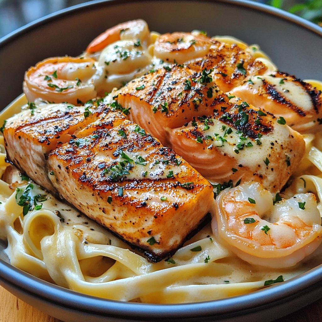 Grilled Salmon & Shrimp Fettuccine Alfredo