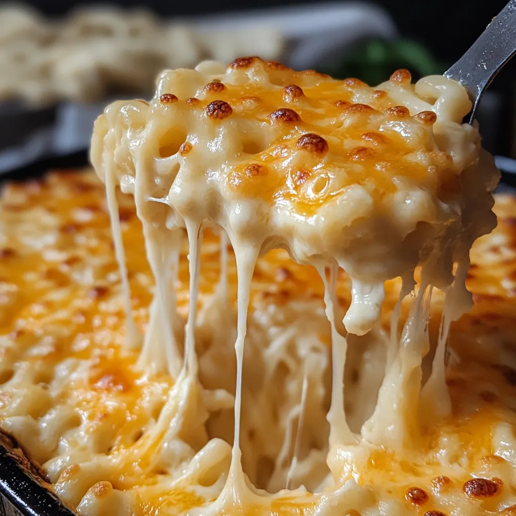 A close up of a 5 cheese macaroni and cheese dish.