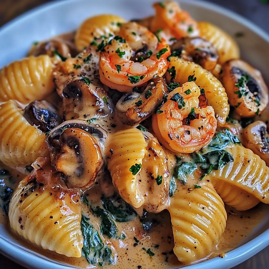 A bowl of creamy spinach mushroom shrimp shells.