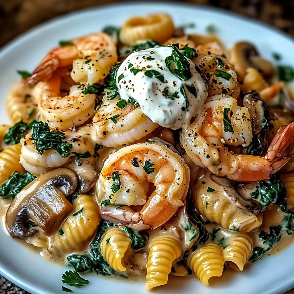 A plate of shrimp with mushrooms and spinach.