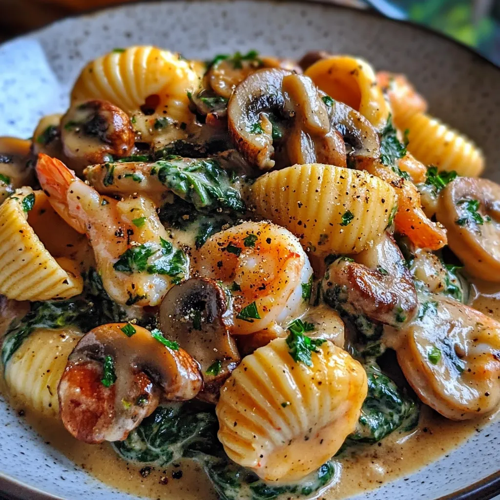 A plate of creamy spinach mushroom shrimp shells.