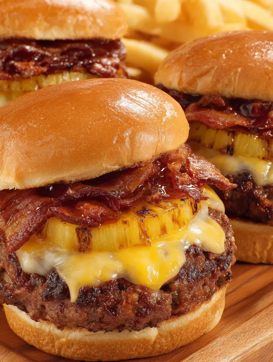 A close up of a pineapple bacon burger.
